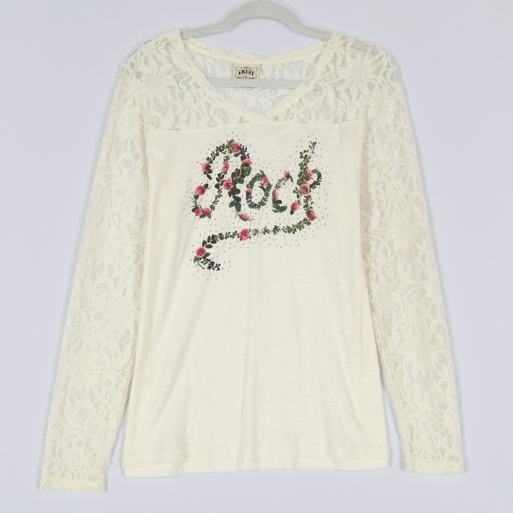 Ariat Rock Graphic Top Womens XL White Floral Lace Rhinestone Western Cowgirl